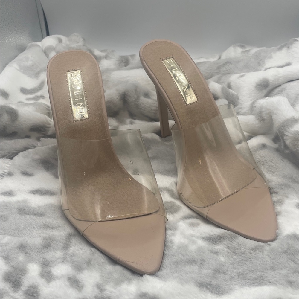 Bellini Perri Stiletto Heels - Nude Heels with Transparent Strap, slip on size 8